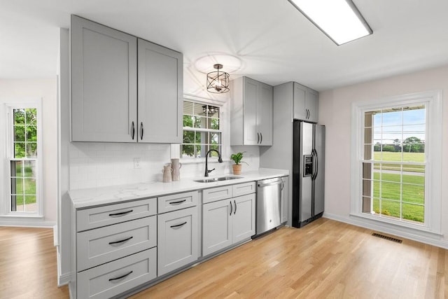 754 Veterans Pkwy, Murfreesboro, TN 37128 - kitchen with a sink, appliances with stainless steel finishes, gray cabinetry, and healthy amount of natural light