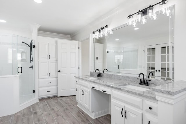 754 Veterans Pkwy, Murfreesboro, TN 37128 - full bath featuring ornamental molding, a stall shower, double vanity, french doors, and recessed lighting