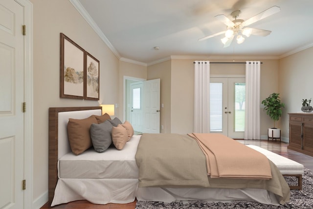 bedroom featuring ornamental molding, access to exterior, multiple windows, french doors, and baseboards