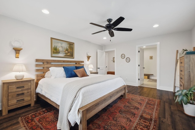 1244 Westfield Rd, Dickson, TN 37055 - bedroom with recessed lighting, baseboards, wood finished floors, a ceiling fan, and connected bathroom