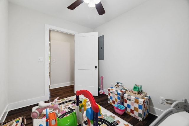 1244 Westfield Rd, Dickson, TN 37055 - playroom featuring electric panel, wood finished floors, ceiling fan, and baseboards
