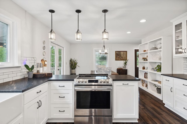 1244 Westfield Rd, Dickson, TN 37055 - kitchen featuring stainless steel range with electric stovetop, open shelves, dark countertops, dark wood finished floors, and recessed lighting