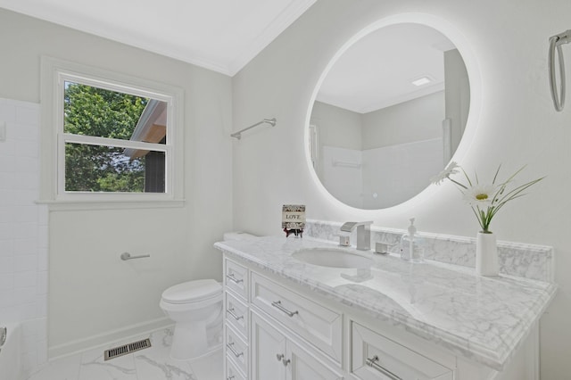bathroom featuring toilet, marble look tiles, a shower, vanity, and baseboards