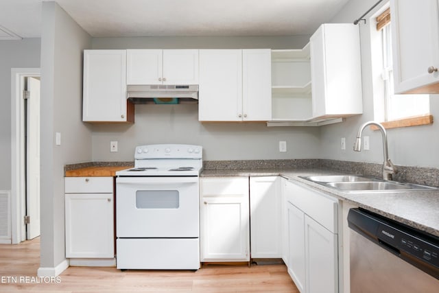 112 Pelham Rd, Knoxville, TN 37914 - kitchen with white range with electric stovetop, dishwasher, a sink, under cabinet range hood, and white cabinets