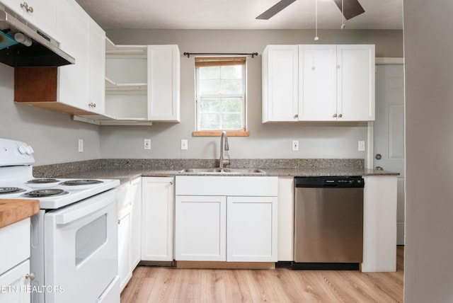 112 Pelham Rd, Knoxville, TN 37914 - kitchen with stainless steel dishwasher, white electric range, under cabinet range hood, a sink, and open shelves