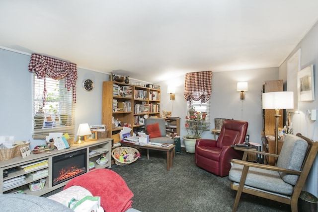 carpeted living area featuring healthy amount of natural light