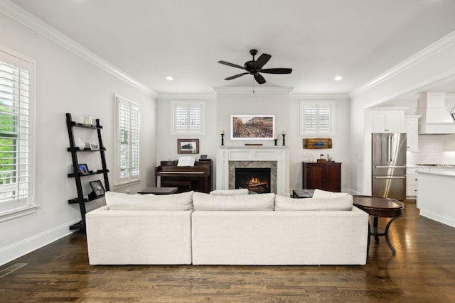 4091 Camberley St, Franklin, TN 37064 - living area with a ceiling fan, crown molding, a lit fireplace, recessed lighting, and dark wood finished floors