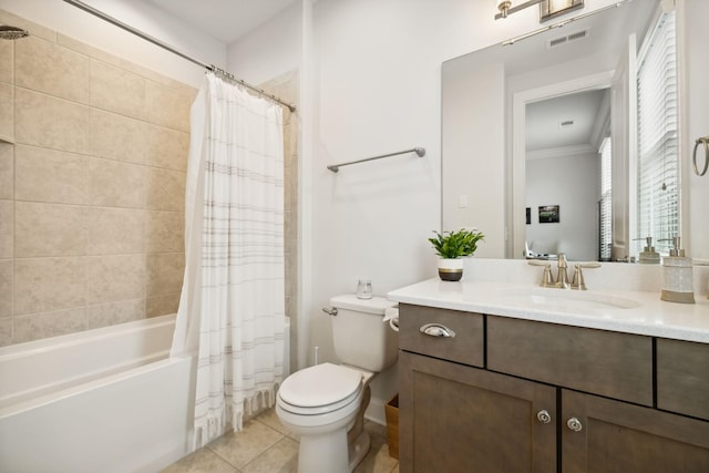 4091 Camberley St, Franklin, TN 37064 - full bathroom featuring tile patterned floors, toilet, ornamental molding, shower / bath combination with curtain, and vanity