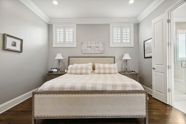 4091 Camberley St, Franklin, TN 37064 - bedroom with crown molding, dark wood finished floors, recessed lighting, and baseboards