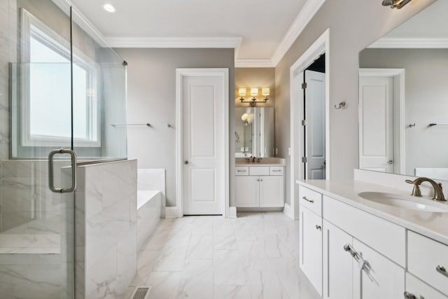 4091 Camberley St, Franklin, TN 37064 - bathroom with a marble finish shower, a bath, two vanities, marble look tile flooring, and crown molding