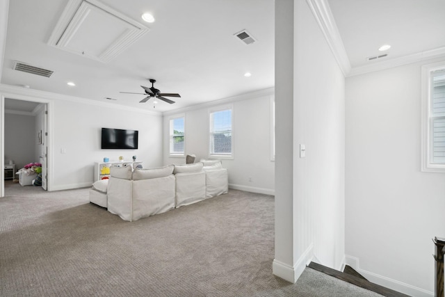 4091 Camberley St, Franklin, TN 37064 - living area featuring attic access, crown molding, carpet, baseboards, and recessed lighting