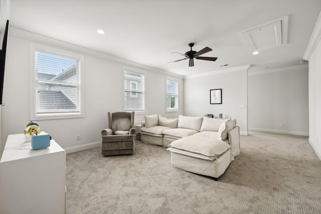 4091 Camberley St, Franklin, TN 37064 - living room with attic access, light colored carpet, a ceiling fan, plenty of natural light, and ornamental molding
