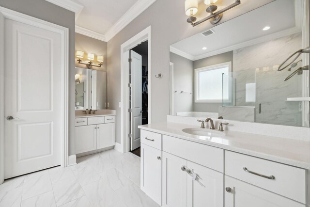 4091 Camberley St, Franklin, TN 37064 - bathroom featuring crown molding, a marble finish shower, two vanities, and marble look tiles