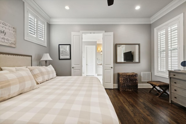 4091 Camberley St, Franklin, TN 37064 - bedroom with dark wood-type flooring, multiple windows, ornamental molding, ceiling fan, and ensuite bath