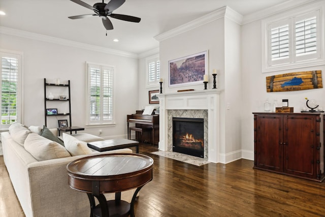 4091 Camberley St, Franklin, TN 37064 - living area with dark wood finished floors, ceiling fan, healthy amount of natural light, recessed lighting, and crown molding