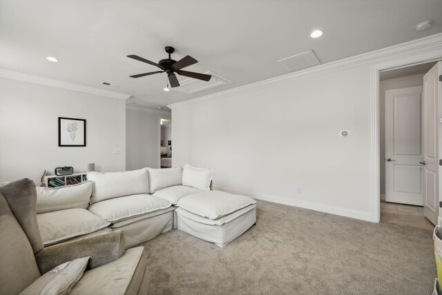 4091 Camberley St, Franklin, TN 37064 - carpeted living area with a ceiling fan, recessed lighting, crown molding, and baseboards