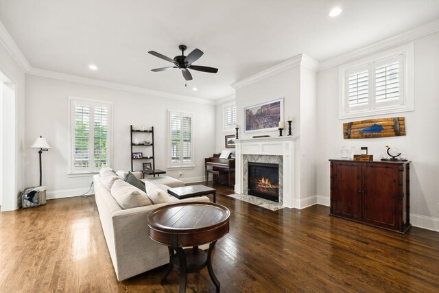 4091 Camberley St, Franklin, TN 37064 - living area with wood finished floors, a ceiling fan, a high end fireplace, recessed lighting, and baseboards