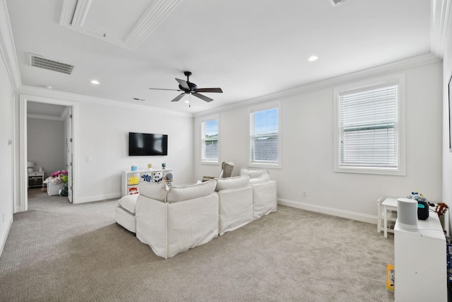 4091 Camberley St, Franklin, TN 37064 - living area featuring ornamental molding, light colored carpet, a ceiling fan, attic access, and baseboards