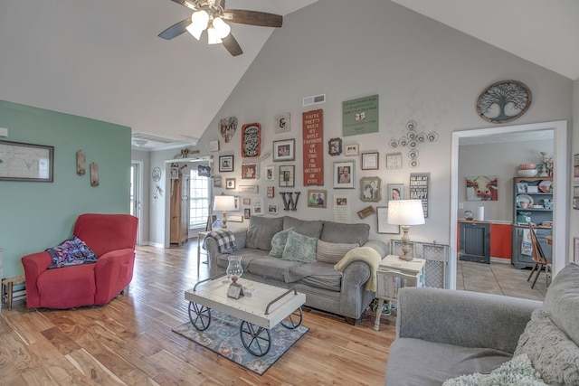 5064 Tricia Pl, Murfreesboro, TN 37129 - living area featuring high vaulted ceiling, a ceiling fan, light wood-style flooring, and baseboards