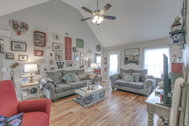 5064 Tricia Pl, Murfreesboro, TN 37129 - living room featuring high vaulted ceiling, ceiling fan, light wood-type flooring, and baseboards