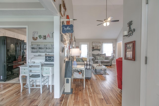 5064 Tricia Pl, Murfreesboro, TN 37129 - living area featuring a ceiling fan, light wood-style flooring, high vaulted ceiling, and crown molding