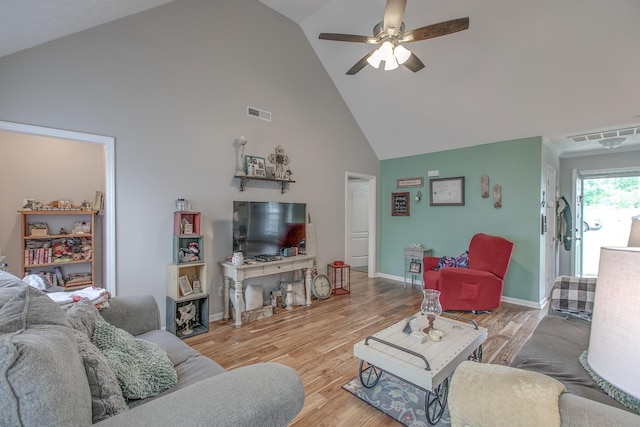 5064 Tricia Pl, Murfreesboro, TN 37129 - living room with high vaulted ceiling, a ceiling fan, light wood-type flooring, and baseboards
