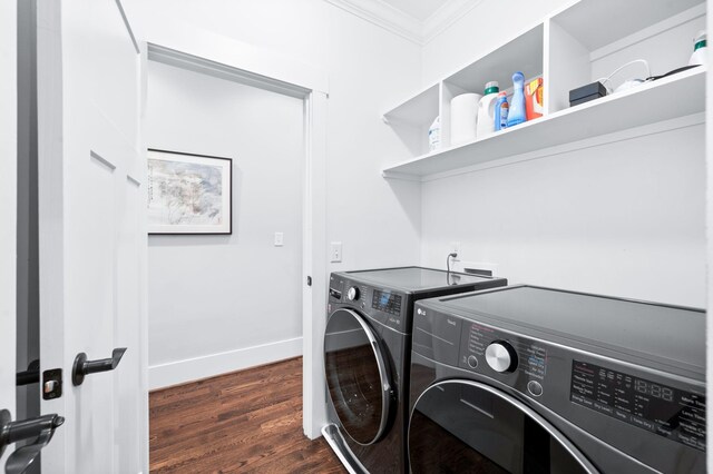 3610 Pilcher Ave, Nashville, TN 37209 - clothes washing area with independent washer and dryer, crown molding, dark wood-type flooring, and baseboards
