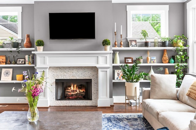 3610 Pilcher Ave, Nashville, TN 37209 - living room with a fireplace with flush hearth, wood finished floors, and healthy amount of natural light