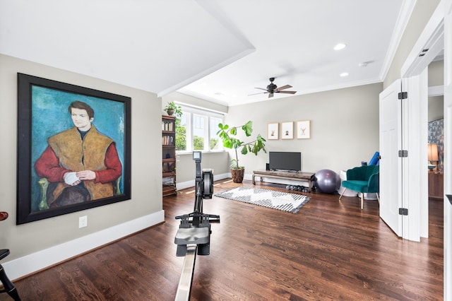 3610 Pilcher Ave, Nashville, TN 37209 - workout room with wood finished floors, ceiling fan, crown molding, baseboards, and recessed lighting