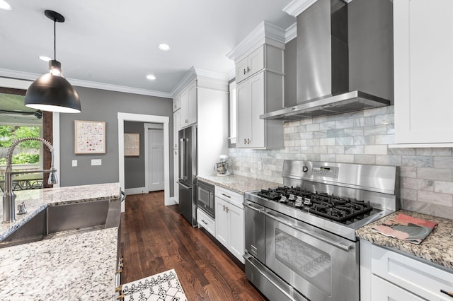 3610 Pilcher Ave, Nashville, TN 37209 - kitchen featuring stainless steel appliances, wall chimney range hood, a sink, ornamental molding, and white cabinets