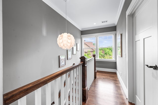 3610 Pilcher Ave, Nashville, TN 37209 - hallway with an upstairs landing, ornamental molding, wood finished floors, baseboards, and recessed lighting