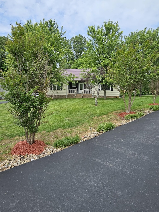 obstructed view of property with a front yard, metal roof, and a porch