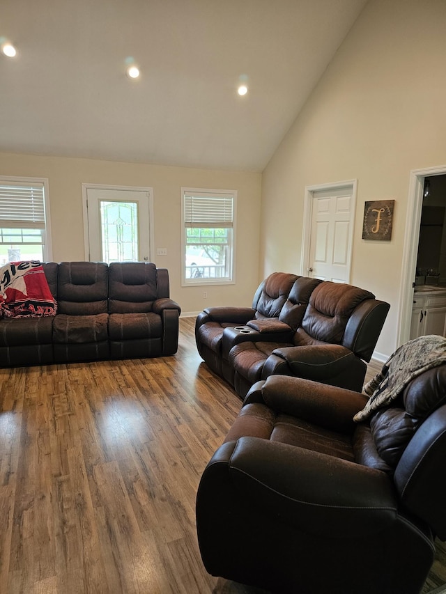 living area featuring wood finished floors, high vaulted ceiling, and recessed lighting