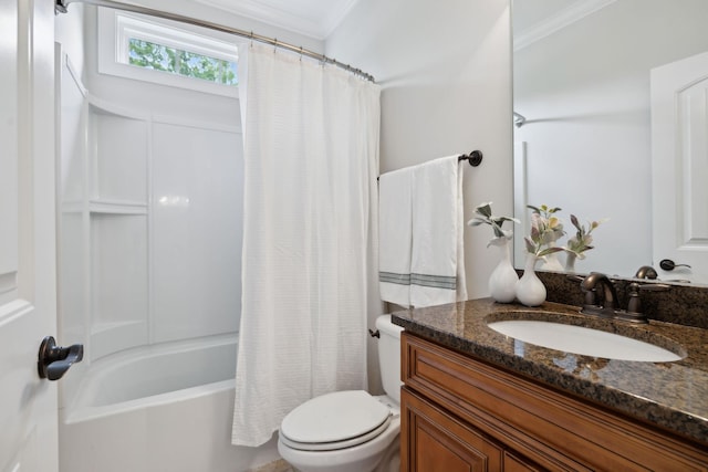 336 Alfred Ladd Rd E, Franklin, TN 37064 - full bathroom with toilet, ornamental molding, vanity, and shower / bath combination with curtain