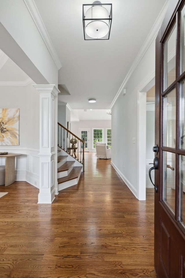 336 Alfred Ladd Rd E, Franklin, TN 37064 - foyer with stairs, ornamental molding, wood finished floors, and ornate columns