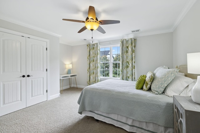 336 Alfred Ladd Rd E, Franklin, TN 37064 - bedroom with crown molding, carpet floors, baseboards, a closet, and a ceiling fan