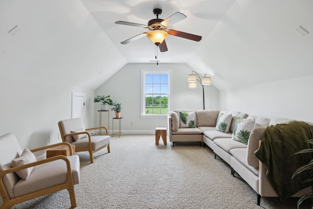 336 Alfred Ladd Rd E, Franklin, TN 37064 - living room with lofted ceiling, light colored carpet, ceiling fan, and baseboards