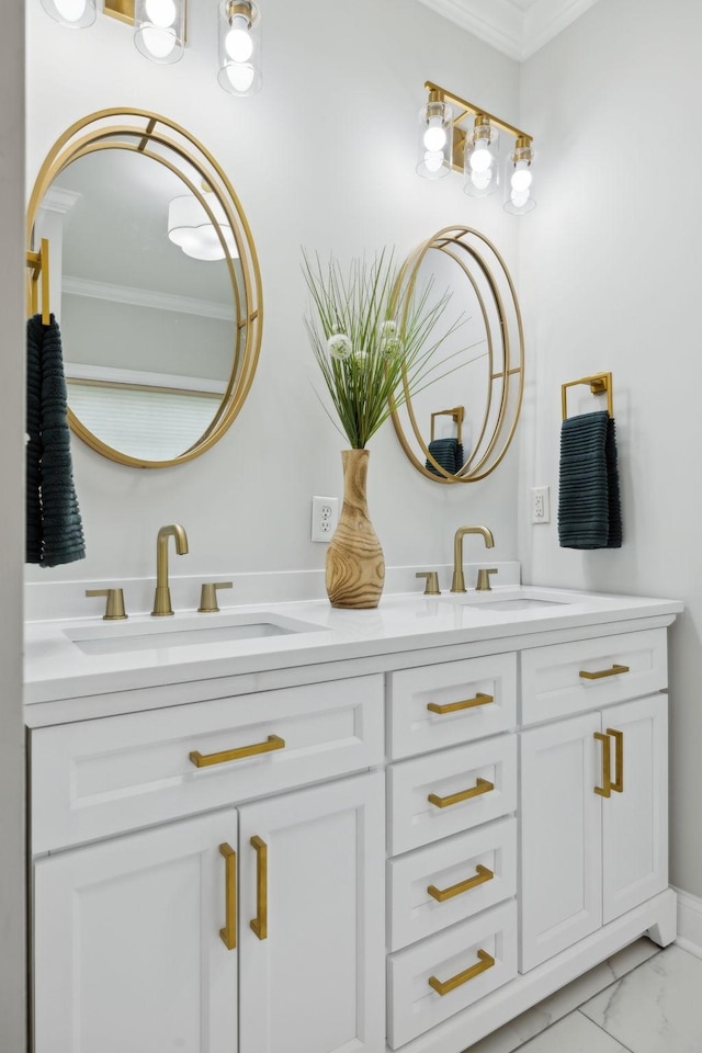 336 Alfred Ladd Rd E, Franklin, TN 37064 - full bath featuring marble look tile flooring, crown molding, and double vanity