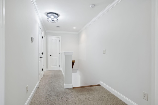 336 Alfred Ladd Rd E, Franklin, TN 37064 - hallway with an upstairs landing, carpet floors, baseboards, and crown molding