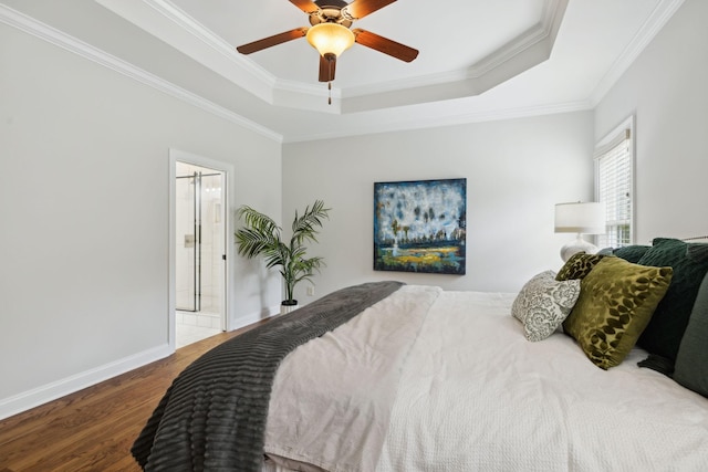336 Alfred Ladd Rd E, Franklin, TN 37064 - bedroom with a raised ceiling, ornamental molding, wood finished floors, baseboards, and a ceiling fan
