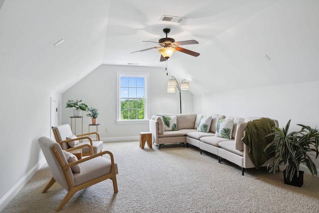 336 Alfred Ladd Rd E, Franklin, TN 37064 - living area with carpet floors, vaulted ceiling, baseboards, and ceiling fan