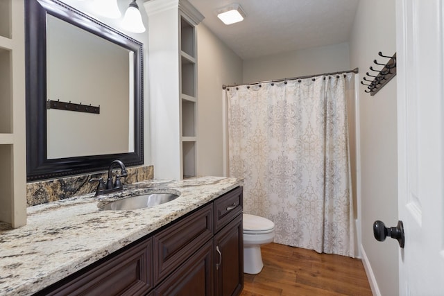 bathroom featuring wood finished floors, toilet, vanity, and curtained shower