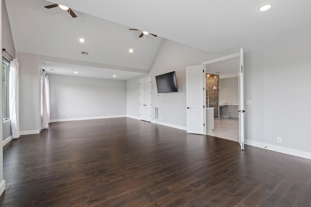 unfurnished living room with ceiling fan, wood finished floors, baseboards, high vaulted ceiling, and recessed lighting