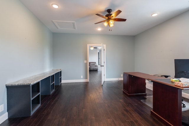 office area featuring a ceiling fan, dark wood-style floors, baseboards, recessed lighting, and attic access
