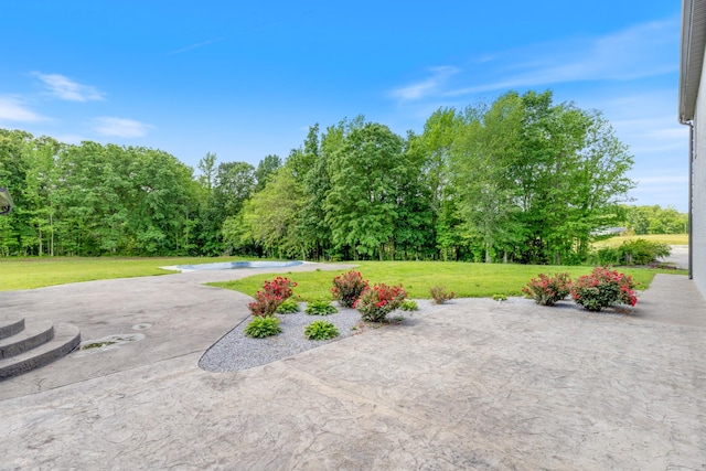 view of green lawn featuring a patio