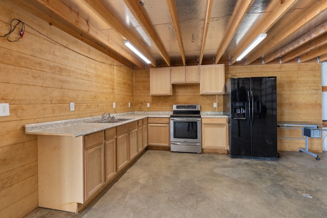 kitchen featuring black fridge with ice dispenser, stainless steel electric range, a sink, concrete flooring, and light brown cabinetry
