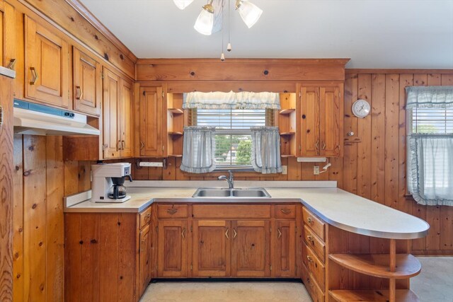 461 Annex Ave, Nashville, TN 37209 - kitchen with open shelves, a sink, under cabinet range hood, and wood walls