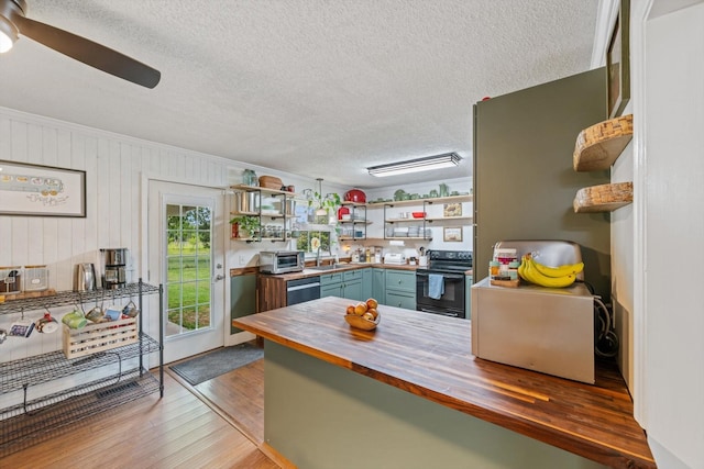 1120 Weeks Rd, Murfreesboro, TN 37127 - kitchen featuring open shelves, wood counters, black range with electric cooktop, dishwasher, and a textured ceiling