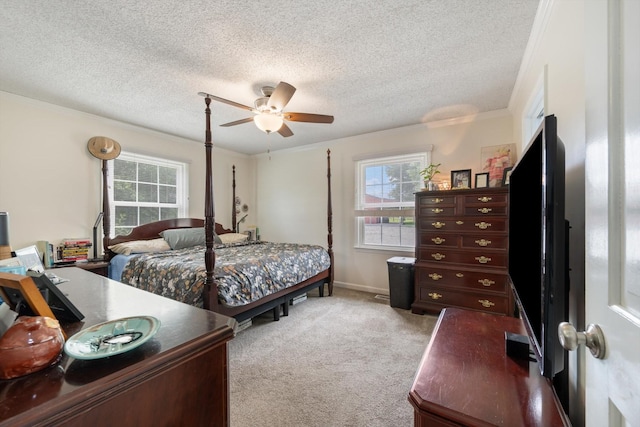 1120 Weeks Rd, Murfreesboro, TN 37127 - bedroom with multiple windows, light colored carpet, a textured ceiling, ornamental molding, and a ceiling fan