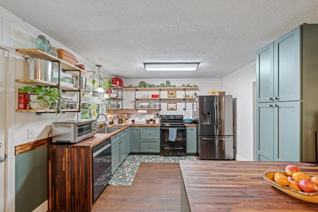 1120 Weeks Rd, Murfreesboro, TN 37127 - kitchen with appliances with stainless steel finishes, wood counters, open shelves, green cabinets, and a sink